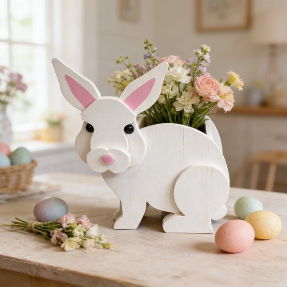 Kadlawus Easter Bunny Planter, Decorative White Pvc Flower Pot, Outdoor Garden Statue, Indoor Greenery Holder For Spring, Holiday Gift Idea