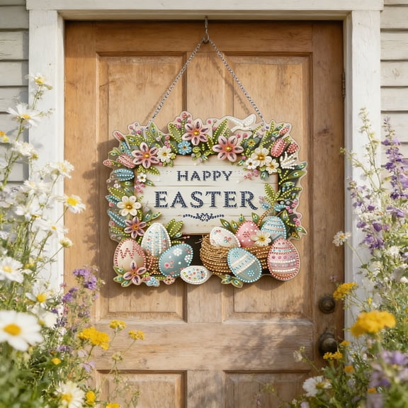 Kadlawus Easter Window Pictures Square Decor, Double Sided Crystal Art Hanging Art, 25cm Easter Themed Decoration for Home Wall