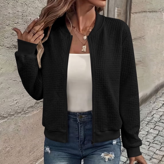 Kadlawus Fall Long Sleeve Collared Blazer Jacket Women Casual Zipper Front Lightweight Structured Fit Tops for Office Work Travel Wear, Black XL