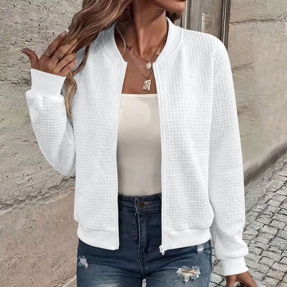 Kadlawus Fall Long Sleeve Collared Blazer Jacket Women Casual Zipper Front Lightweight Structured Fit Tops for Office Work Travel Wear, White L