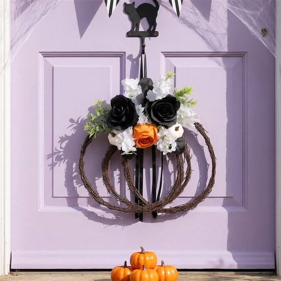 Kadlawus Holiday Pumpkin Wreath Pendant for Door, Artificial Rose Plants Withered Branches Vines Woven Ring, Holiday Decoration for Home Wall Garden Porch