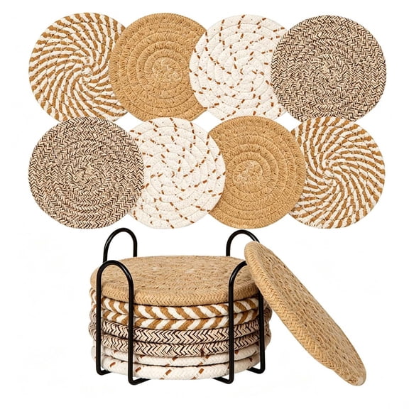 Kadlawus Insulating Yarn Woven Coasters Set for Home, Cotton Heat Resistant Placemats with Storage Rack, Knit Table Mats for Hot Cups and Dishes, Protective Kitchen Trivets for Daily Use