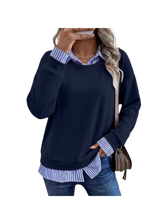 Long Sleeve Loose Fit Collared Pullover Tops Women Fall Casual Basic Sweater Soft Cozy Breathable Daily Office Weekend Travel Street Wear, Dark Blue XL