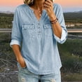 thumbnail image 1 of Kadlawus Long Sleeve Loose V Neck Denim Button Down Shirt Women Fall Casual Basic Pullover Tops Soft Stretchy Comfort Commute Travel Home Daily Wear, Light Blue 2XL, 1 of 7
