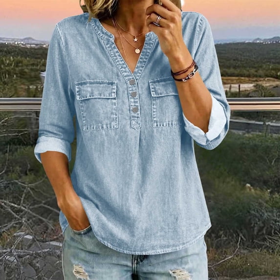 Kadlawus Long Sleeve Loose V Neck Denim Button Down Shirt Women Fall Casual Basic Pullover Tops Soft Stretchy Comfort Commute Travel Home Daily Wear, Light Blue 2XL