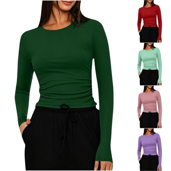 Kadlawus Long Sleeve Slim Fit Ruched T Shirt Women Round Neck Casual Basic Pullover Tee Soft Stretchy Cozy Layering Piece for Vacation Daily Wear, Army Green M