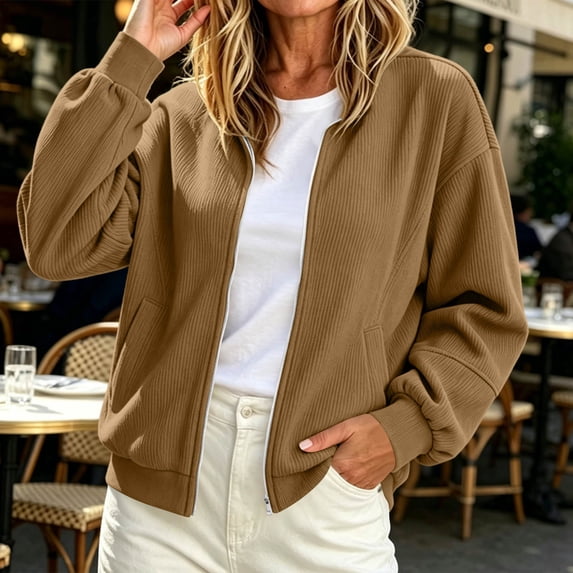 Kadlawus Long Sleeve Zip Front Blazer Women Open Cardigan Style Casual Basic Top Lightweight Cozy Wear Fall Winter Office Commute Street Daily Outfit, Khaki L