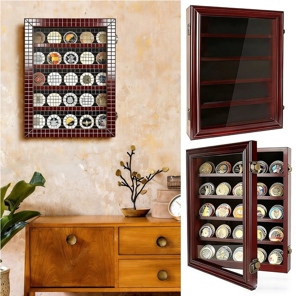 Kadlawus Medal Display Case, Wooden Shadow Box with Glass Door, Military Coin Collection Rack, Badge Holder Showcase, Wall Mountable Memorabilia Display, Award Trophy Cabinet
