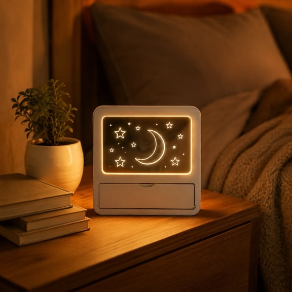 Kadlawus Reusable Acrylic Message Board with Drawer, LED Night Light Desk Organizer, Transparent Dry Erase Writing Pad, Built-in Storage Drawer, Soft Glow Lamp for Notes, Reminders, Small Items