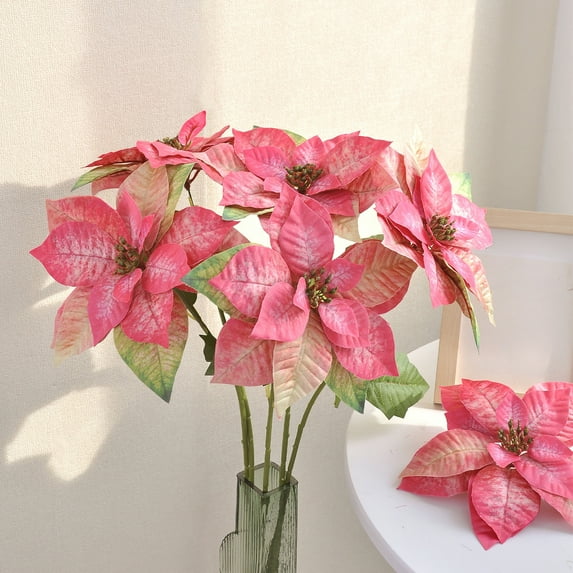 Kadlawus Under $5 ! Poinsettia Christmas Flower Artificial Silk Floral Arrangement Vase Centerpiece Home Decor Festive Party Decoration
