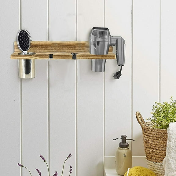 Kadlawus Under $5 ! Wooden Wall Mount Organizer for Bathroom Storage Comb Hair Dryer Curling Iron Holder No Drill Shelf with Hooks Natural Finish