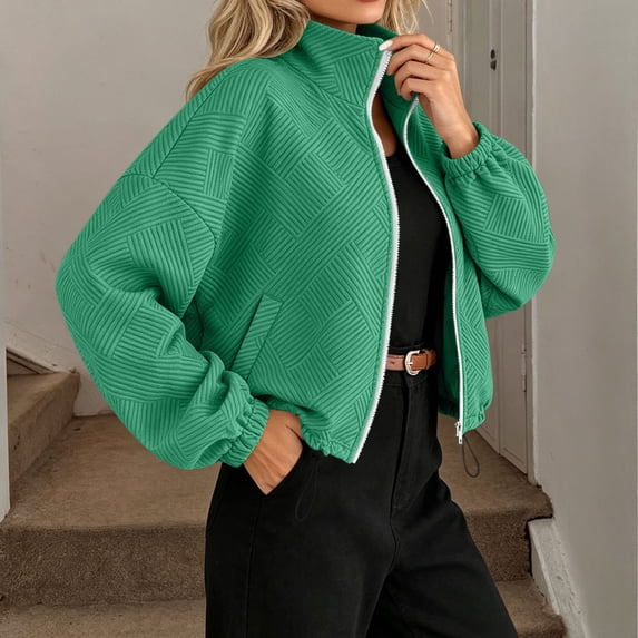 Kadlawus Women Fall Winter Collared Long Sleeve Zip Up High Neck Blazer Crop Coat Casual Solid Warm Everyday Office Commute Travel Jacket, Green L
