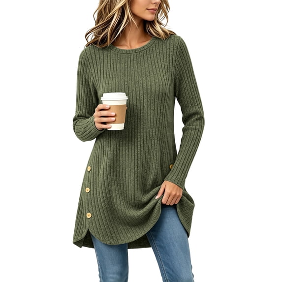 Kadlawus Women Fall Winter Long Sleeve Ribbed Sweater Casual Crew Neck Pullover Ladies Chunky Knit Cozy Stretch Fit for Weekend Outdoor Date Evening Stroll, Army Green 2XL