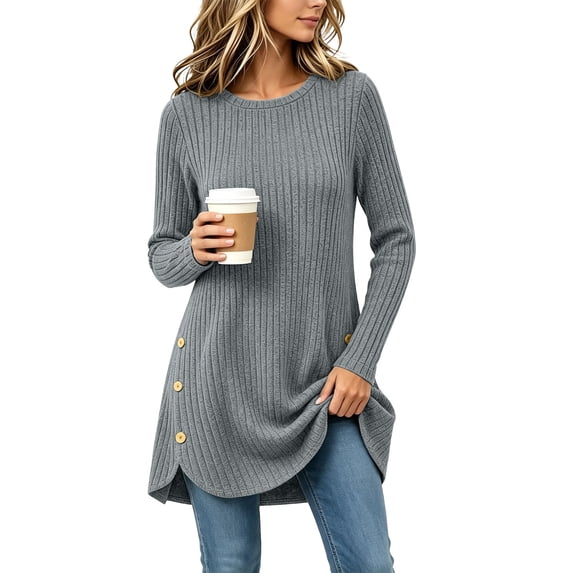 Kadlawus Women Fall Winter Long Sleeve Ribbed Sweater Casual Crew Neck Pullover Ladies Chunky Knit Cozy Stretch Fit for Weekend Outdoor Date Evening Stroll, Gray S