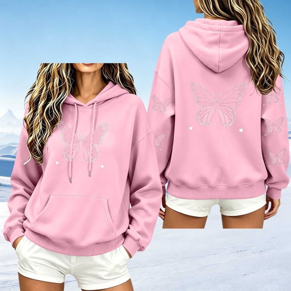 Kadlawus Women Hooded Pullover Casual Loose Fit Sweatshirt Long Sleeve Top Butterfly Print Cozy Fleece Lined Warm Layer for Daily Outdoor Wear, Pink XL