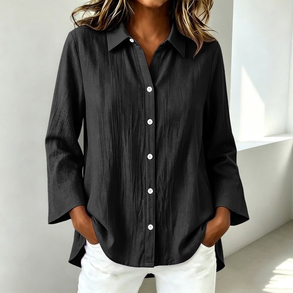 Kadlawus Women Long Sleeve Collared Button Down Blouse Casual Fit Solid Basic Tunic Tops Comfortable Soft for Office Commute Weekend Travel Daily Wear, Black M