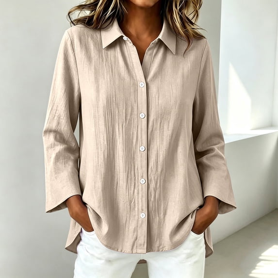 Kadlawus Women Long Sleeve Collared Button Down Blouse Casual Fit Solid Basic Tunic Tops Comfortable Soft for Office Commute Weekend Travel Daily Wear, Khaki S