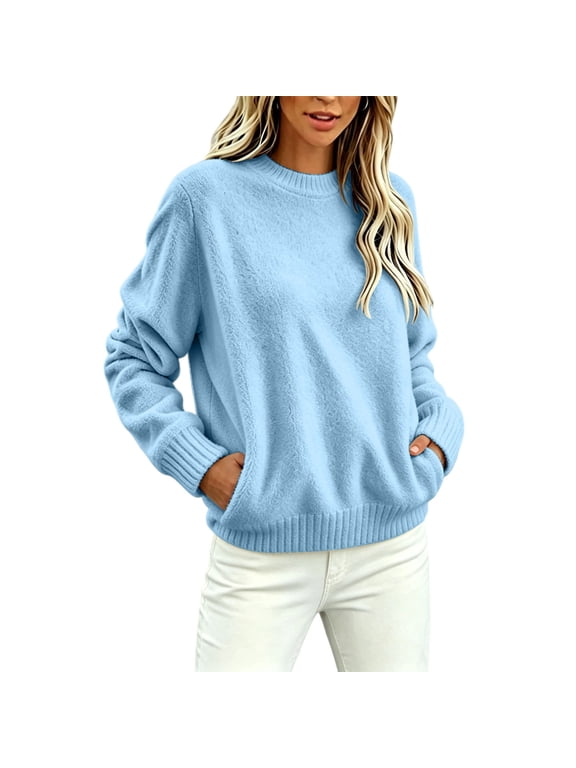 Women Long Sleeve Knitted Pullover Relaxed Fit Crew Neck Solid Casual Sweater Cozy Warm Soft Fall Winter Weekend Outdoor Vacation Wear, Light Blue M