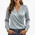 thumbnail image 1 of Kadlawus Women Long Sleeve Wrap Blouse Elegant Casual Basic Solid Slim Fit Tops Soft Flowy Fabric for Office Commute Business Trip Wear, Gray S, 1 of 9
