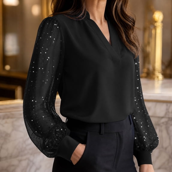 Kadlawus Women Loose Fit V Neck Long Sleeve Blouse Elegant Casual Sequins Pullover Tops for Daily Office Commute Dinner Party Wear, Black 2XL