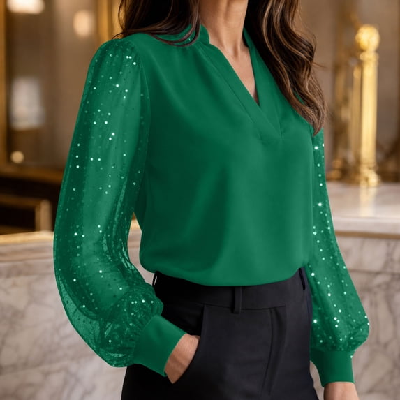 Kadlawus Women Loose Fit V Neck Long Sleeve Blouse Elegant Casual Sequins Pullover Tops for Daily Office Commute Dinner Party Wear, Green L