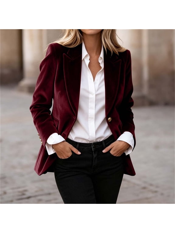 Women Plus Size Collared Long Sleeve Blazer Elegant Button Down Office Jacket Flattering Fit Comfort Work Commute Business Trip Wear, Wine 2XL