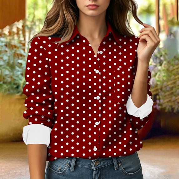 Kadlawus Women's Fall Winter Long Sleeve Collared Polka Dot Shirts ...