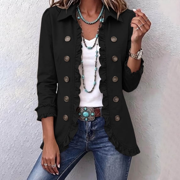 Kadlawus Women's Plus Size Fall Winter Long Sleeve Collared Blazer Ruffle Open Front Jacket Casual Button Down Cardigan Coat for Office Daily Wear, Black 3XL