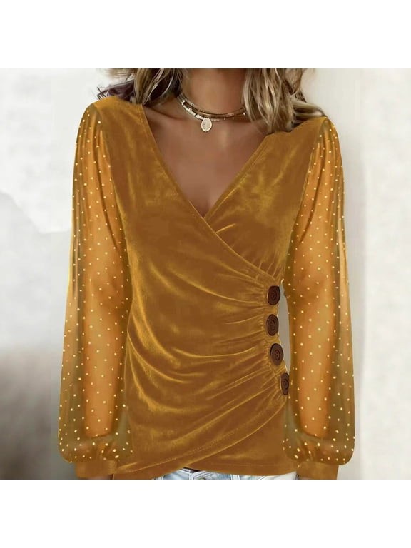 Women's Plus Size Fall Winter Long Sleeve Pullover Tops Ruched Button Wrap Casual Basic Solid V Neck Shirts Work Office Daily Wear Loose Fit Blouses, Gold 2XL