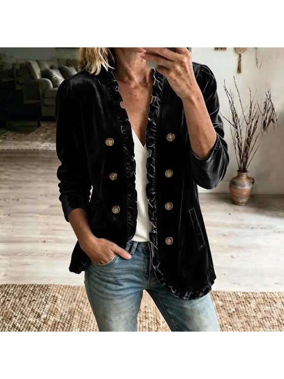 Women's Plus Size Fall Winter Ruffle Coat Button Down Open Front Blazer Casual Basic Solid Elegant Jacket, Black 3XL