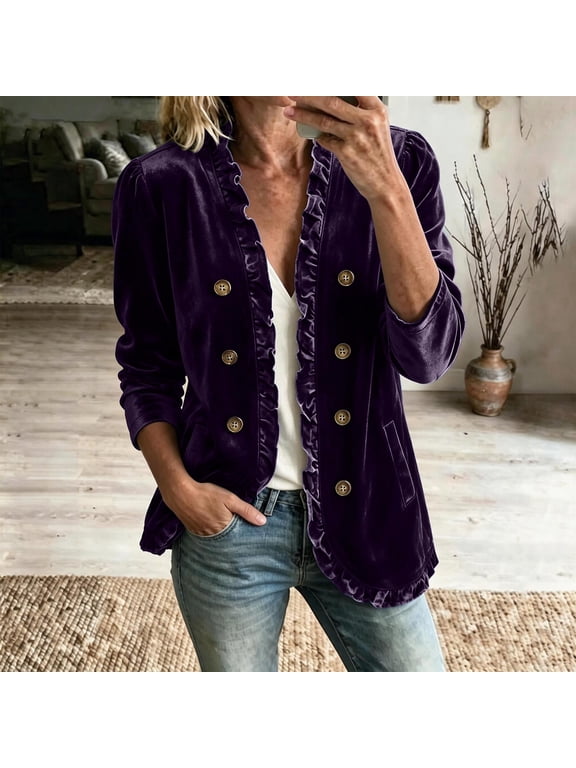 Women's Plus Size Fall Winter Ruffle Coat Button Down Open Front Blazer Casual Basic Solid Elegant Jacket, Purple S