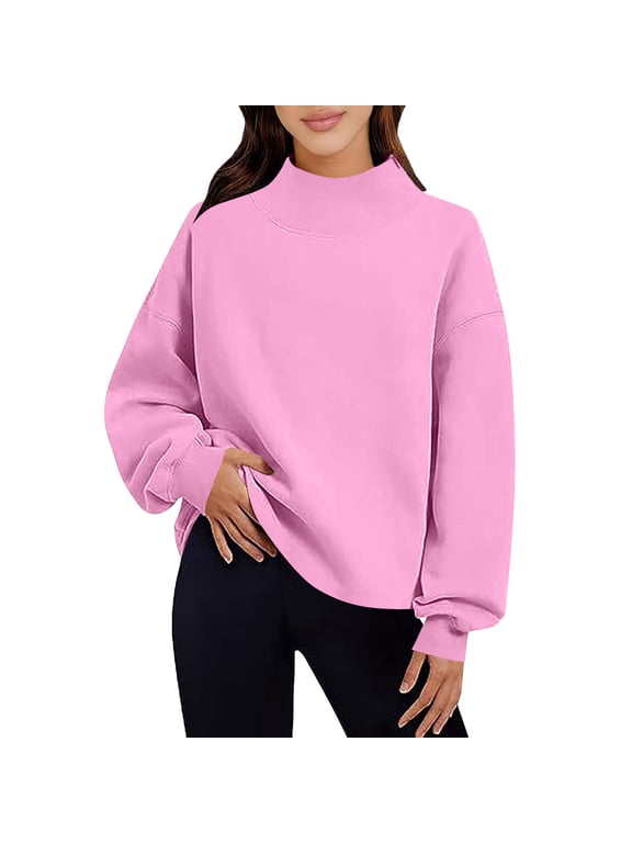 Women's Plus Size Long Sleeve Pullover Tops Fall Winter Casual Stand Neck Sweatshirt Solid Relaxed Fit Warm Blouse for Daily Wear, Pink 2XL