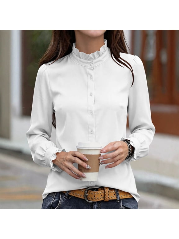 Women's Stand Neck Long Sleeve Blouse Fall Winter Ruffle Button Down Shirt Casual Solid Slim Fit Top for Work Daily Wear, White L