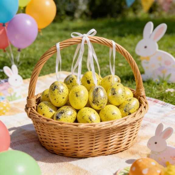 Kadlawus Yellow Foil Eggs, 12 Pack Plastic 4cm Hanging Pendants, Gold Foil Egg Decorations for Easter Tree, Party Favor, Basket Filler