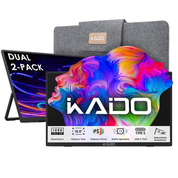 Kado Dual Portable Monitor Setup - 2-Pack 15.6-inch FHD Portable Monitor for Laptop, 1920x1080 IPS mini-HDMI USB Type-C Laptop Screen Extender Built-in Speakers, Stacked Desk Setup for Office Gaming