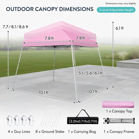 Kadyn 10 ft x 10 ft Pop-Up Canopy Tent Instant Setup Outdoor Shade Shelter with UPF 50+ Sun Protection, Adjustable Height (7.6/8/8.5 ft), Waterproof Oxford Fabric Pink