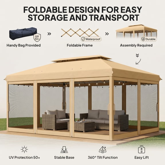 Kadyn 10 ft x 20 ft Heavy-Duty Pop-Up Canopy Tent with Mesh Netting & Carry Bag Instant Shade Shelter for Outdoor Parties, Patios, Gardens, Catering & Vendor Events Beige