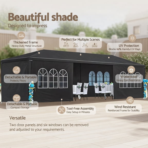 Kadyn 10 ft x 30 ft Heavy-Duty Black Wedding Canopy Tent with 8 Removable Sidewalls – Waterproof PE Gazebo for Outdoor Parties, Weddings & Events