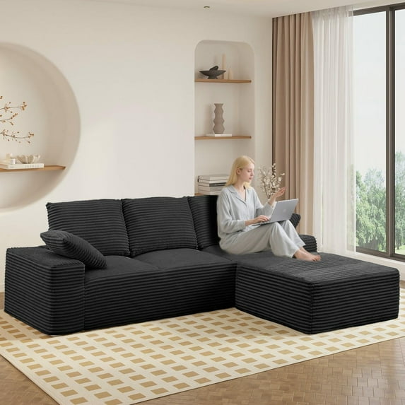 Kadyn 103.5" Compressed Convertible Sofa with L-Shape Chaise and Deep Seat, Couch with No Assembly Required and Plush Corduroy Fabric for Living Room, Bedroom, Black