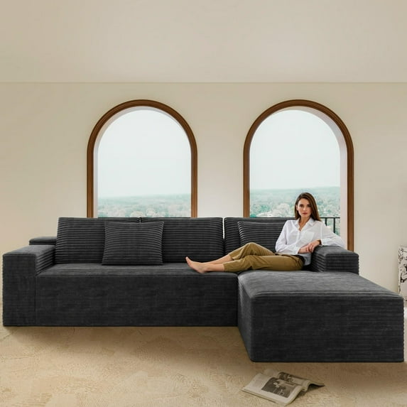 Kadyn 104" Compressed Convertible Sofa with L-Shape Chaise to the Right and Deep Seat, Couch with Plush Corduroy Fabric and No Assembly Required for Living Room, Bedroom, Gray