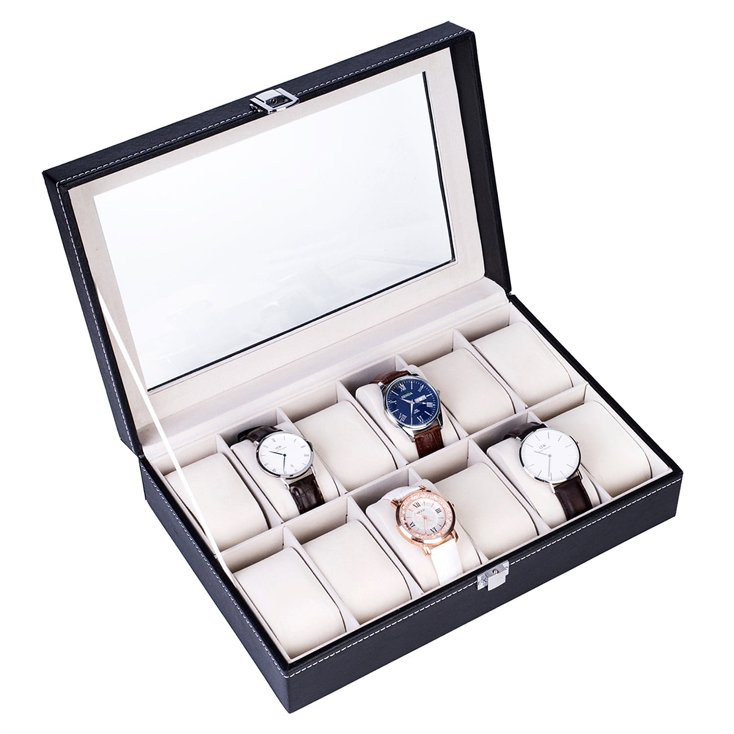 Kadyn 12 Compartments Top-level Opening Style Leather Watch Collection Box, PU Watch Box for Men/Women, Watch Organizer, Black Kadyn 12 Compartments Top-level Opening Style Leather Watch Collection Box, PU Watch Box for Men/Women, Watch Organizer, Black