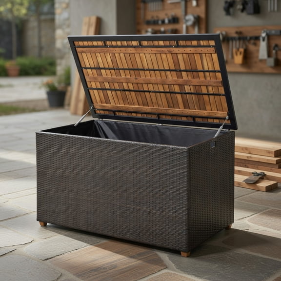 Kadyn 134Gallon LargeCapacity Patio Rattan Deck Box, HeavyDuty Outdoor Storage Chest with Waterproof Inner Liner and Solid Acacia Wood Top for Pool, Garden and Backyard, Brown
