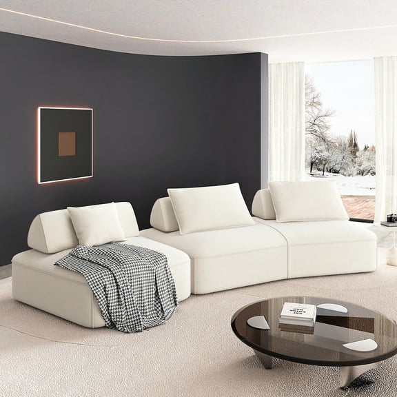 Kadyn 139" Compressed Convertible Sofa with Removable Backrests and Soft Pillows, Couch with DIY Upholstered Fluffy Chenille for Living Room, Office, Beige