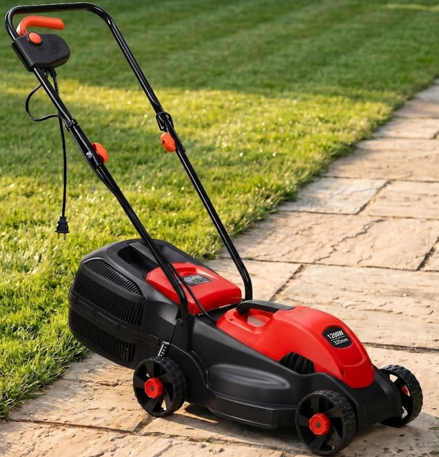 Kadyn 14 Inch 12 Amp Electric Push Corded Lawn Mower with 30L Grass Bag, 3 Adjustable Cutting Heights, Foldable Handle, One-Touch Start, Red