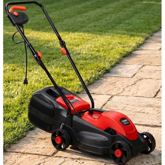 Kadyn 14 Inch 12 Amp Electric Push Corded Lawn Mower with 30L Grass Bag, 3 Adjustable Cutting Heights, Foldable Handle, One-Touch Start, Red