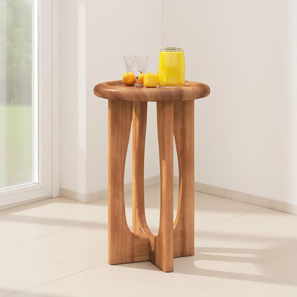 Kadyn 14 Inch Farmhouse End Table Rustic Accent Table with Round Tray Top Wood Cross Legs for Living Room Bedroom Country Style Home Furniture, Natural