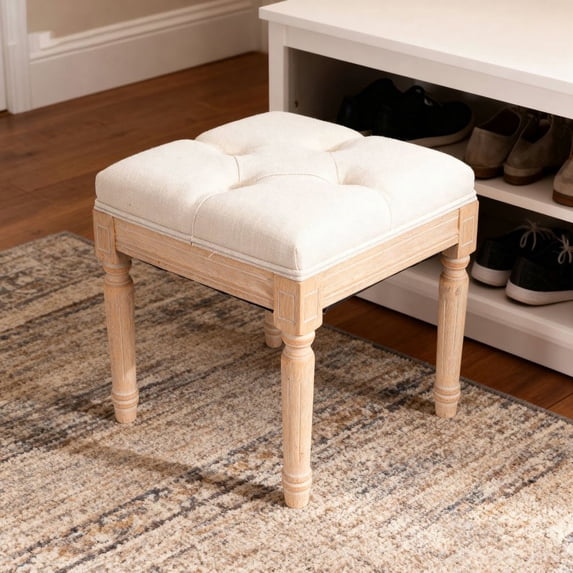 Kadyn 15.75" Small Square Upholstered Bench, Rustic Ottoman Vanity Stool for Home Bedroom, Padded Ottoman Bench with Sturdy Solid Legs, Classic Beige