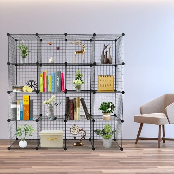 Kadyn 16-Cube Organizer Cube Storage Storage Shelves, Wire Cube Storage Origami Shelves, Metal Bookcase for Living room, Black
