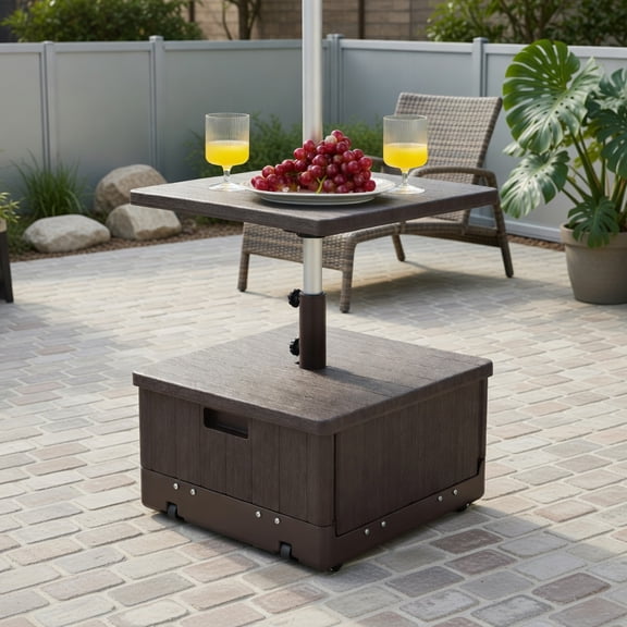 Kadyn 175 lb Fillable Outdoor Umbrella Base with Detachable Table Tray Heavy-Duty HDPE & Metal, Fits 6-10 ft Patio & Offset Umbrellas (Brown)