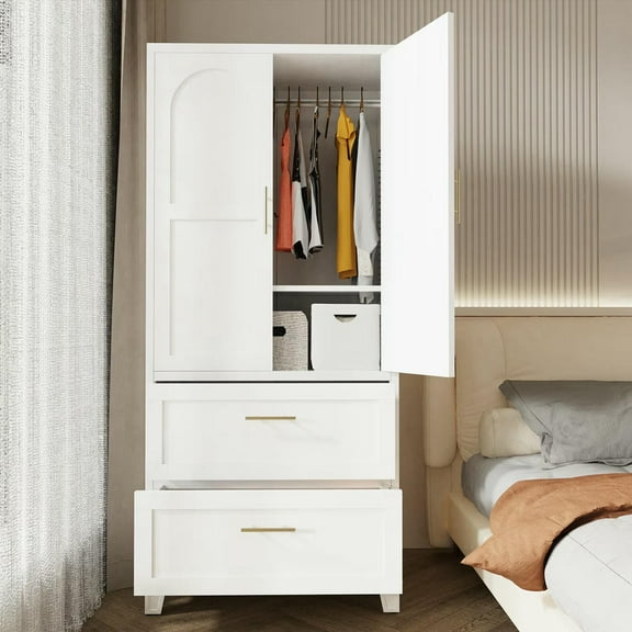 Kadyn 2 Door Armoire Wardrobe Closet with 2 Drawers, 70" Large Wardrobe Armoire with Gold Handle, Modern Wooden Armoire Storage with Hanging Rod for Bedroom, White